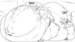 2018 4_toes 5_fingers absurd_res anthro belly big_belly big_butt big_cheeks big_muscles boxers_(clothing) butt canid canine canis clothing dialogue duo english_text eyewear fangs feet fierglief fierglief_(character) fingers glasses hi_res huge_belly huge_butt huge_muscles hyper hyper_belly hyper_butt looking_at_another male mammal monochrome morbidly_obese musclegut muscular navel obese overweight size_difference sketch speech_bubble teeth text toes underwear wolf