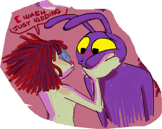 anthro black_eyes button_(fastener) doll duo female hair long_ears male male/female nude puffed_cheeks purple_ears rag_doll_(toy) red_hair red_nose speech_bubble text yellow_sclera light-koe-pinsky glitch_productions the_amazing_digital_circus jax_(tadc) ragatha_(tadc) animate_inanimate humanoid lagomorph leporid living_doll living_toy mammal rabbit english_text hi_res