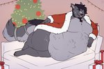 anthro beard black_body black_fur black_hair blue_eyes chest_tuft clothing costume ear_piercing facial_hair fluffy fluffy_tail fur furniture grey_body grey_fur group hair hand_on_hip holidays lying male on_side overweight overweight_male piercing presenting santa_costume sofa tail tuft vore aucherr christmas canid canine canis mammal wolf 2025 hi_res