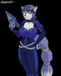 accessory anthro big_breasts blue_body blue_fur blue_hair blue_tail bodysuit breasts claws clothing collar female fur furgonomics green_eyes gun hair handpaw headband jewelry multicolored_body multicolored_fur multicolored_tail paws ranged_weapon silver_(metal) silver_jewelry simple_background skinsuit smile solo spacesuit tail tail_accessory tailband text tight_clothing transparent_background weapon white_body white_fur white_tail stogiegoatarts nintendo star_fox krystal_(star_fox) canid canine fox mammal 2019 alpha_channel digital_drawing_(artwork) digital_media_(artwork) hi_res signature