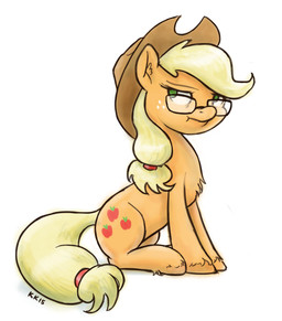 blonde_hair cutie_mark eyewear female feral fetlocks freckled_face freckles fur glasses green_eyes hair hooves long_hair orange_body orange_fur simple_background sitting solo tail wearing_glasses wearing_hat white_background king-kakapo friendship_is_magic hasbro my_little_pony applejack_(mlp) equid equine horse mammal pony 2015