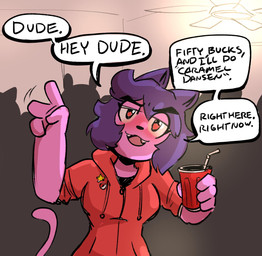 4_fingers anthro bendy_straw beverage blush clothed clothing container crowd cup dialogue drinking_straw drunk fangs female fingers fur gesture group hair hand_gesture holding_beverage holding_container holding_cup holding_object hoodie inside looking_at_viewer open_mouth pink_body pink_fur purple_hair red_eyes short_hair solo_focus speech_bubble substance_intoxication talking_to_viewer teeth text topwear v_sign anaugi penny_(anaugi) domestic_cat felid feline felis mammal 2019 english_text hi_res