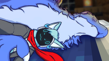 anthro blue_body blue_fur cuddling duo feral fur lying machine male male/male on_side scarf selfie sleeping freshdacat microsoft minecraft mojang mythology xbox_game_studios kenny_(hyperbirdy) dragon mythological_creature mythological_scalie protogen scalie absurd_res hi_res