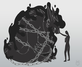 anthro bodily_fluids bound chain chained cheek_tuft claws collar duo eyes_closed facial_tuft fluffy fluffy_tail fur gradient_background grey_body grey_fur hand_on_nose logo long_ears male male/male metal_collar paws simple_background sitting size_difference standing tail tears tuft wolfarion canid canine canis human mammal wolf 2025 artist_logo dated hi_res monochrome