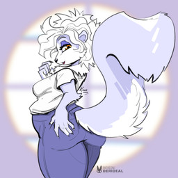 anthro big_butt black_nose bottomwear breasts butt clothed clothed_female clothing female fluffy fluffy_tail furgonomic_bottomwear furgonomics hair medium_breasts pants rear_view shirt solo tail topwear white_hair wide_hips yellow_eyes kiaun mammal mephitid skunk 1:1 2026 hi_res
