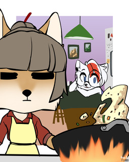 anthro appliance apron blep blue_eyes brown_body brown_fur cheek_tuft chibi clothed clothing cooking duo ear_piercing eyewear facial_tuft female fire food fridge fur furniture glasses grey_hair hair highlights_(coloring) inside kitchen kitchen_appliance photo piercing purple_clothing purple_shirt purple_tank_top purple_topwear red_clothing red_highlights red_shirt red_topwear rice round_glasses shirt short_hair sitting standing stool table tank_top tied_hair tongue tongue_out topwear tuft white_body white_fur white_hair wok foxboy83 tootaloo vixen_logic arctica_(vixen_logic) ferra_(vixen_logic) arctic_fox canid canine fox mammal tibetan_sand_fox true_fox 4:5 colored digital_media_(artwork) flat_colors hi_res