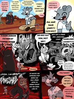 6_panel_comic annoyed anthro bone bottomwear broken_horn brown_body brown_feathers cargo_pants chin_tuft clothing dialogue eyes_closed facial_tuft feathers gesture group half-closed_eyes hand_gesture horn humor khaki_pants knife kris_(knife) mormon narrowed_eyes open_mouth open_smile pants profanity robe skeleton smile speech_bubble text thumbs_up trio tuft wide_eyed happyroadkill isaiah_the_mormon_mouse orin_owl animated_skeleton avian bird demon mammal mouse murid murine owl rodent undead absurd_res comic english_text hi_res