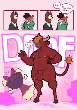 balls blown_away blush blush_lines bovid_horn bovine_horn bull_horn clothing comic_panel curved_horn dialogue duo dusty_the_bull_(dusty-pixels) exploding_clothing eyelashes facial_piercing flaccid foreskin genitals hair hoodie hooves horn humanoid_genitalia humanoid_penis instant_transformation magical_transformation male muscular muscular_male nipples nose_piercing nose_ring nude_male orange_hair pecs penis piercing pubic_stubble red_body ring_piercing shockwave simple_background sweater sweater_vest tail tail_tuft topwear tuft vest wide_hips dusty-pixels dandychilla_(character) jamie_the_ram_(dusty-pixels) bovid bovine caprine cattle chinchilla chinchillid mammal rodent sheep absurd_res colored comic hi_res