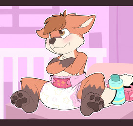anthro biped blush box brown_hair clean_diaper clothed clothing container crossed_arms diaper diaper_only feet fur grumpy hair male pawpads pouting red_body red_fur sitting solo tissue topless wearing_diaper white_diaper young young_anthro young_male bubblepuppers canid canine fox mammal hi_res letterbox