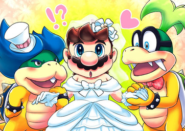 :o anthro blue_eyes blush bow_(feature) claws clothed clothing crossdressing dress eyewear facial_hair glasses gloves grey_eyes group hair hand_holding handwear hat headgear headwear heart_symbol interrobang male male/male mustache open_mouth sharp_teeth shell smile spikes standing teeth tongue wedding_dress wedding_veil kakalon mario_bros nintendo super_mario_odyssey iggy_koopa koopaling ludwig_von_koopa mario human koopa mammal scalie