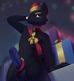 anthro balls black_body collar erection genitals holidays male navel night outside penis presenting presenting_penis solo standing tail lennoxicon vague_(lennoxicon) canid canine mammal absurd_res hi_res