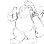 angoramon anthro bandai_namco belly belt digimon digimon_(species) fluffy fluffy_chest gesture hair hair_over_eyes hand_gesture hi_res jamejarrs long_ears male overweight ponytail_ears sketch solo thumbs_up
