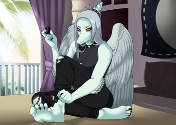 alternative_fashion ambiguous_gender anthro balcony bed bottomwear candid choker clothing colored_nails denim denim_bottomwear denim_clothing feathered_wings feathers feet focused foot_fetish furniture goth grey_hair hair humanoid_feet inside jeans jewelry makeup markings nail_polish_(object) nails necklace pants plantigrade poster red_eyes soles solo spread_toes striped_markings stripes toes torn_bottomwear torn_clothing torn_jeans torn_pants white_body window wings cyborg-steve goodbye_volcano_high ko_op_(game_developer) fang_(gvh) feathered_scalie prehistoric_species pterosaur reptile scalie absurd_res hi_res nonbinary_(lore)