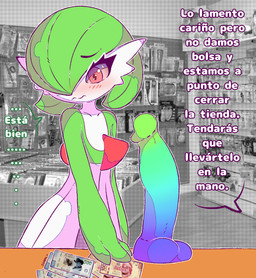 anthro bdsm blush bodily_fluids clothed clothing degradation dialogue dildo exhibitionism female fur green_hair hair humiliation humiliation_fetish mall not_furry public sex_shop sex_toy shopping shy store submissive sweat text topwear sharalythesheep nintendo pokemon gardevoir generation_3_pokemon humanoid mammal pokemon_(species) absurd_res digital_media_(artwork) hi_res spanish_text translated