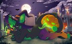 anthro border cemetery clothing femboy food fruit grey_border hat headgear headwear holidays jack-o'-lantern magic_user male plant pose pumpkin solo witch witch_costume witch_hat bitesize_art halloween bat domestic_cat felid feline felis hybrid mammal absurd_res hi_res pinup