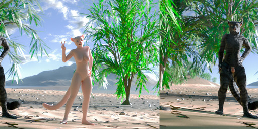 anthro balls barefoot beach black_body black_fur breasts cast_shadow cloud day duo feet female flaccid front_view fur genitals gesture hairless hand_gesture hand_on_hip happy island leaf light looking_at_viewer male male/female nature nude outside penis plant pose posing_for_picture realistic rock sand shadow sky skyscape small_breasts smile smiling_at_viewer subsurface_scattering sunlight tongue tongue_out tree v_sign vulva water ikisou_at_dusk farmd domestic_cat felid feline felis hairless_cat mammal sphynx_(cat) tabby_cat 3d_(artwork) absurd_res blender_(artwork) blender_cycles_(artwork) chromatic_aberration digital_media_(artwork) film_grain full-length_portrait hi_res portrait side_by_side_stereogram stereogram