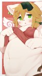 blush breasts female green_eyes lifting_clothing navel open_mouth slightly_chubby slightly_chubby_female solo mofuaki 2020 hi_res