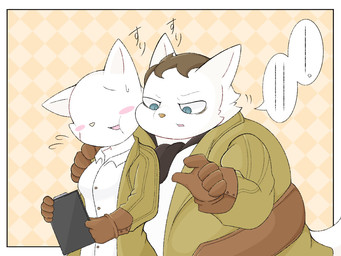 accessory anthro black_hair blush clothing duo embarrassed gloves hair handwear male morbidly_obese morbidly_obese_anthro morbidly_obese_male necktie obese obese_anthro obese_male overweight overweight_anthro overweight_male o_ryu09 cyberconnect2 fuga:_melodies_of_steel little_tail_bronx doktor_blutwurst domestic_cat felid feline felineko felis mammal 4:3 hi_res