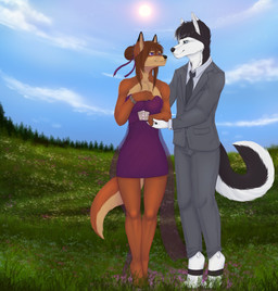 5_fingers anthro anthro_on_anthro barefoot black_body black_fur black_hair black_nose bottomwear brown_body brown_fur brown_hair clothed clothing day dress duo eye_contact feet female fingers flower fur grass hair hand_holding hand_on_chest looking_aside looking_at_another male male/female necktie outside pants plant purple_eyes romantic romantic_couple shirt short_hair sky smile standing suit sun tail tan_body tan_fur topwear white_body white_fur dafka canid canine canis domestic_dog mammal wolf hi_res