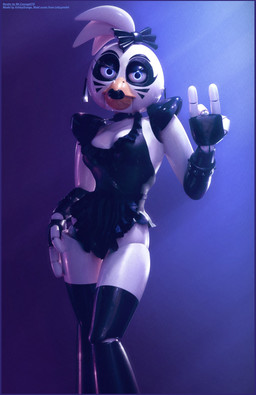 accessory alternative_fashion anthro arm_accessory beak biped black_clothing black_dress black_lipstick blue_eyes bow_ribbon breasts cleavage clothed clothing devil_horns_(gesture) dress female gesture goth hair hair_accessory hand_gesture legwear lipstick looking_at_viewer machine makeup on_model simple_background solo thigh_highs white_body mrcourage616 ashley_orange_(modeler) five_nights_at_freddy's five_nights_at_freddy's:_security_breach scottgames steel_wool_studios glamrock_chica animatronic avian bird chicken galliform phasianid robot 3d_(artwork) digital_media_(artwork) hi_res