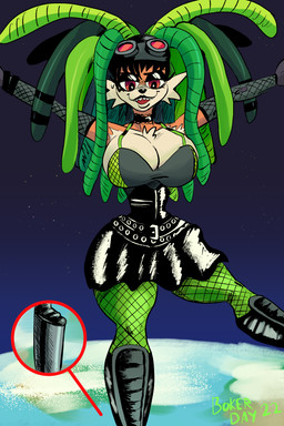 alternative_fashion anthro armwear belt big_breasts black_bottomwear black_choker black_clothing black_eyeshadow black_jewelry black_lips black_necklace black_nose black_skirt boots bottomwear breasts chest_tuft choker cleavage clothed clothing corset cybergoth dreadfalls dreadlocks elbow_gloves eyeshadow eyewear eyewear_on_head female fishnet_armwear fishnet_clothing fishnet_legwear footwear fur gloves goggles goggles_on_head goth green_clothing green_legwear handwear jewelry legwear lingerie lips makeup necklace orange_body orange_fur platform_boots platform_footwear red_eyes sharp_teeth shirt shoes skirt small_waist solo space tank_top teeth text topwear tuft white_body white_fur boker laura_derose bat-eared_fox canid canine fox mammal 2:3 artist_name digital_media_(artwork) signature