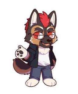 anthro black_body black_clothing black_fur black_topwear brown_body brown_fur brown_pawpads chibi clothed clothing eyewear fangs front_view fur glasses glistening glistening_eyes hair looking_aside male multicolored_body multicolored_fur open_mouth open_smile pawpads rectangular_glasses red_eyes red_hair simple_background smile solo standing teeth topwear unsigned white_background white_body white_clothing white_fur white_topwear asnnonaka canid canine canis domestic_dog mammal full-length_portrait portrait