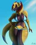4:5 anthro big_breasts bikini blades breasts claws clothed clothing conditional_dnp dragon eyelashes female generation_5_pokemon hand_on_hip haxorus hi_res looking_at_viewer mythological_creature mythological_scalie mythology narrowed_eyes nintendo paradoxing partially_clothed pokemon pokemon_(species) red_eyes scales scalie skimpy solo swimwear tail thick_thighs yellow_body yellow_scales