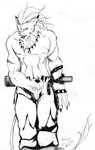 beard belt bodily_fluids clothed clothing cum facial_hair genital_fluids genitals jewelry male mane masturbation melee_weapon muscular necklace nipples open_zipper penile penile_masturbation penis penis_poking_out penis_through_fly scar sheathed_sword solo sword topless weapon ayato bandai_namco digimon digimon_(species) leomon 2002 monochrome