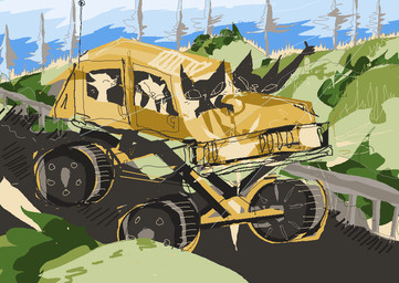 ambiguous_gender anthro blue_sky car day detailed_background driving grass group plant road sky truck vehicle yellow_car naircat domestic_cat felid feline felis mammal 2017 digital_media_(artwork) microsoft_paint_(artwork)