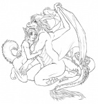 anthro duo female female/female hug hugging_another romantic romantic_couple simple_background size_difference tail kittiara mythology domestic_cat dragon felid feline felis mammal mythological_creature mythological_scalie scalie black_and_white monochrome sketch