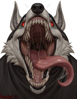 anthro black_clothing black_nose bodily_fluids cheek_tuft cloak clothing facial_tuft fangs fluffy front_view fur fuzzy grey_body grey_fur hood hood_up inner_ear_fluff long_tongue looking_at_viewer male mouth_shot open_mouth open_smile poncho red_eyes saliva saliva_on_tongue saliva_string scary sharp_teeth simple_background smile solo tapering_tongue teeth tongue tongue_out tuft uvula whiskers white_background raudegil dreamworks puss_in_boots_(franchise) death_(puss_in_boots) canid canine canis mammal wolf 2025 detailed digital_drawing_(artwork) digital_media_(artwork) digital_painting_(artwork) hi_res painting_(artwork) signature