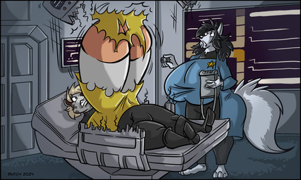 anthro areola bed big_areola big_breasts black_border border breast_expansion breasts bursting_breasts bursting_out bursting_out_of_clothing bursting_through_clothing clothed clothed_anthro clothed_female clothed_male clothing curse duo expansion female floating_eyebrows fully_clothed fully_clothed_anthro fully_clothed_female fully_clothed_male furniture huge_areola huge_breasts hyper hyper_breasts hyper_growth laboratory male partially_clothed_male shirt topwear torn_clothing torn_shirt torn_topwear uniform dutch_(artist) star_trek star_trek_the_next_generation mazed canid canine canis domestic_cat felid feline felis fox mammal wolf 2024 hi_res