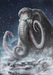 detailed_background feral glowing glowing_eyes grey_hair hair male night outside snow solo pechschwinge elephantid mammal mammoth prehistoric_species proboscidean 2020 digital_media_(artwork) hi_res