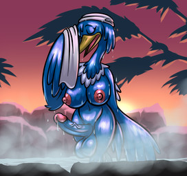 anthro areola balls bathing beak blue_body breasts casual_erection casual_nudity erection eyes_closed feathered_wings feathers genitals glistening glistening_balls glistening_body glistening_breasts glistening_genitalia glistening_thighs gynomorph holding_object holding_towel hot_spring humanoid_genitalia humanoid_penis intersex navel nipples nude open_beak open_mouth outdoor_nudity outside partially_submerged penis solo standing tail tail_feathers towel towel_on_head water wet wet_body winged_arms wings bassybefuddle conditional_dnp nintendo pokemon avian bird cramorant generation_8_pokemon pokemon_(species) digital_media_(artwork) hi_res