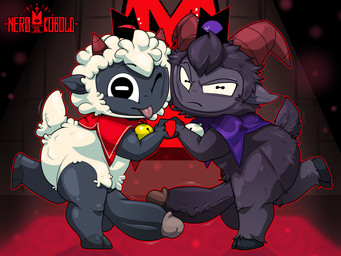 angry anthro balls bell bell_collar big_penis black_body black_eyes black_fur cape circumcised clothed clothing collar crown curly_hair curved_horn detailed_background duo erection eyebrow_through_hair eyebrows face_squish fingers fingers_together fur genitals glans gold_bell hair hands_together hands_together_elbows_apart headgear headwear heart_symbol hooved_fingers hooves horizontal_pupils horn humanoid_genitalia humanoid_penis inside leg_back looking_at_viewer male male/male motion_lines multicolored_body narrowed_eyes neck_bell neckwear one_eye_closed one_leg_up penis penis_touching pink_glans pointy_ears pose posing_for_picture pupils purple_cape purple_clothing purple_eyes purple_neckwear purple_sclera raised_leg red_cape red_clothing red_eyes red_glans red_horn red_light red_neckwear red_sclera shaved_arms shaved_legs short_ears short_horn short_tail silver_bell_(object) slit_pupils small_horn smile spiky_hair squish stained_glass stained_glass_window striped_horn stripes tail tail_tuft temple thick_thighs tongue tongue_out topwear touching_penis translucent translucent_hair tuft two_tone_body vein veiny_penis white_body white_fur white_pupils wide_eyed window window_light wool_(fur) wool_hair ner0_kobold cult_of_the_lamb massive_monster_(studio) goat_(cult_of_the_lamb) lamb_(cult_of_the_lamb) purple_crown_(cult_of_the_lamb) red_crown_(cult_of_the_lamb) animate_inanimate bovid caprine goat living_clothing living_hat mammal sheep 2026 4:3 cel_shading colored digital_drawing_(artwork) digital_media_(artwork) english_description hi_res shaded signature watermark