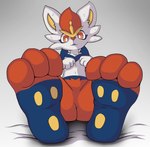 3_toes anthro arm_tuft blue_body blue_fur curling_toes eyelashes facial_tuft feet foot_fetish foot_focus front_view fur grey_background hindpaw looking_at_viewer male paw_pose paws pose red_body red_eyes red_fur simple_background soles solo toes tuft white_body white_fur yellow_body yellow_fur kiwifizz nintendo pokemon cinderace generation_8_pokemon lagomorph leporid mammal pokemon_(species) rabbit absurd_res hi_res