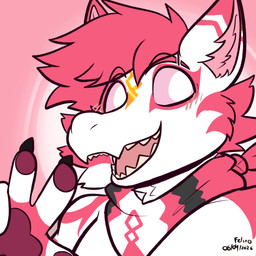 anthro black_claws black_kerchief blush claws finger_claws fur gesture hair hand_gesture inner_ear_fluff kerchief looking_away male no_pupils open_mouth pawpads pink_body pink_fur pink_hair pink_inner_ear_fluff pink_kerchief pink_sclera purple_pawpads sharp_teeth smile solo striped_kerchief teeth tuft v_sign white_body white_eyes white_fur white_kerchief felino epic_games fortnite drift_(fortnite) kitsune_drifty_(character) canid canine fox mammal 1:1 2026 hi_res icon