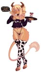 anthro armwear bare_shoulders breasts brown_body brown_fur choker clothing detached_sleeves dialogue female fur g-string hooves horn jewelry looking_at_viewer milk navel necklace simple_background small_breasts solo speech_bubble tail tail_tuft text toeless_legwear toeless_stockings toeless_thigh_highs tuft underwear unguligrade cyberkaps bovid bovine cattle mammal digital_media_(artwork) english_text hi_res