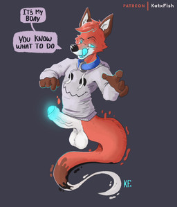 anthro balls birthday bottomless clothed clothing collar erection genitals hoodie hoodie_only inviting male penis solo tongue tongue_out topwear topwear_only katxfish canid canine fox ghost mammal spirit absurd_res hi_res