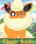 blush blush_lines dynamax feral fluffy fluffy_hair fluffy_tail fur grass hair heart_symbol male orange_body orange_fur plant sky tail caroll flareon_day nintendo pokemon ambient_bird dynamax_pokemon eevee eeveelution flareon generation_1_pokemon pokemon_(species) absurd_res hi_res