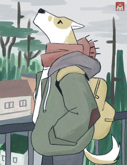 anthro backpack bottomwear building clothing detailed_background fluffy fur hoodie house long_tail male multicolored_body multicolored_fur pants plant pointy_ears scarf simple_eyes snout solo tail topwear tree two_tone_body two_tone_fur white_body white_fur yellow_body yellow_fur w0lfi unnamed_character canid canine mammal hi_res portrait three-quarter_portrait