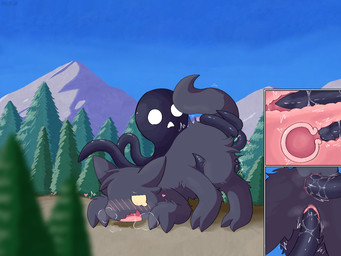 2_toes 6_legs anal anal_penetration black_body black_fur black_penis blush blush_lines bodily_fluids butt duo feet female female_penetrated feral forest fur genital_fluids genitals heart_symbol internal macro male male/female mountain penetration penis plant sky tail tentacle_penetration tentacles toes tree yellow_eyes pogadc trevor_henderson cryptid 4:3 hi_res