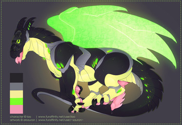 animal_genitalia bodily_fluids claws dripping erection feral flying genital_slit genitals green_eyes half-closed_eyes horn knot looking_at_viewer lying machine male narrowed_eyes on_side open_mouth pawpads penile_spines penis pupils quadruped saliva seductive simple_background slit_pupils solo tail text toe_claws tongue tongue_out wings arsauron mythology lao android dragon mythological_creature mythological_scalie robot scalie synth_(vader-san) digital_media_(artwork) english_text hi_res model_sheet url