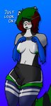 anthro blush bottomwear breasts bulge clothing exposed_breasts green_eyes green_hair green_nipples gynomorph hair intersex legwear nipples shorts solo text thigh_highs chromer_exe chromer.exe domestic_cat felid feline felis mammal english_text