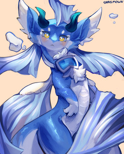 3_fingers ambiguous_gender blue_body blush cheek_tuft chest_tuft eyewear facial_tuft feral fin fingers fur goggles goggles_around_neck horn looking_at_viewer solo tuft white_body white_fur yellow_eyes shrimown mythology aquatic dragon fish hybrid mythological_creature mythological_scalie scalie absurd_res hi_res portrait three-quarter_portrait