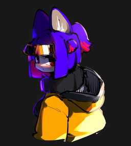 bangs breasts clothing female grey_background hair hood jacket light_body light_skin looking_back orange_clothing orange_jacket orange_topwear pointy_ears ponytail purple_hair red_eyes simple_background solo topwear visor crr001 package_(crr001) animal_humanoid cat_humanoid felid felid_humanoid feline feline_humanoid humanoid mammal mammal_humanoid 2024 absurd_res hi_res