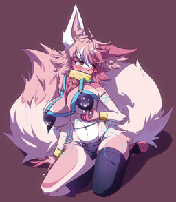 anthro big_breasts big_tail blush blush_lines bodily_fluids breasts butt clothing collar female fur hair heterochromia huge_breasts huge_tail kneeling lactating lactating_through_clothing looking_aside milk multicolored_hair navel pink_body pink_eyes pink_fur pink_hair shadow simple_background smile solo tail thick_thighs wet wet_clothing yellow_eyes mazzlerazz canid canine fox mammal absurd_res character_request hi_res