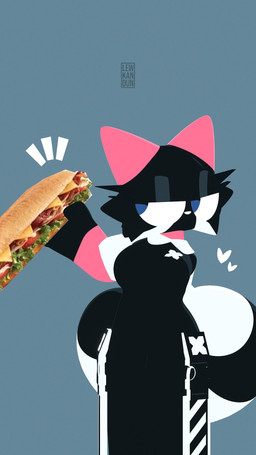 anthro armwear black_clothing blue_pupils cheek_tuft clothing facial_tuft female food food_censorship heart_symbol holding_food holding_object holding_sandwich looking_at_food looking_at_object markings pink_armwear pink_clothing pink_ears pupils sandwich_(food) solo submarine_sandwich tail tail_markings tuft lewkandun lizzie_(lewkandun) domestic_cat felid feline felis mammal 9:16 hi_res