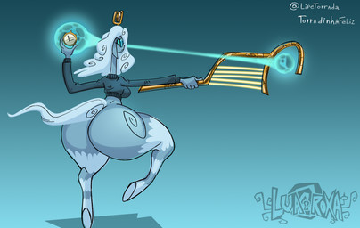 5_fingers aiming anthro big_butt blue_background blue_body blue_clothing blue_eyes blue_hair blue_sweater blue_topwear bottomless breasts butt clock clothed clothing cropped_sweater eyewear female fingers glasses hair hooves huge_butt magic no_pupils raised_leg round_glasses simple_background solo sweater tail thick_thighs topwear weapon wide_hips torradinhafeliz lua_roxa christine_butterscotch bovid caprine mammal sheep absurd_res hi_res