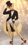 accessory anthro blue_eyes bow_tie cane clothed clothing crossdressing fluffy fluffy_tail footwear garter hat headgear headwear holding_clothing holding_hat holding_headgear holding_headwear holding_object leotard looking_at_viewer male shoes solo sparkles standing tail alduinred esc_the_fox humanoid hi_res